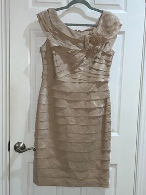 Lizzatti Collection Champagne tiered formal midi dress 10 shimmer floral accent
